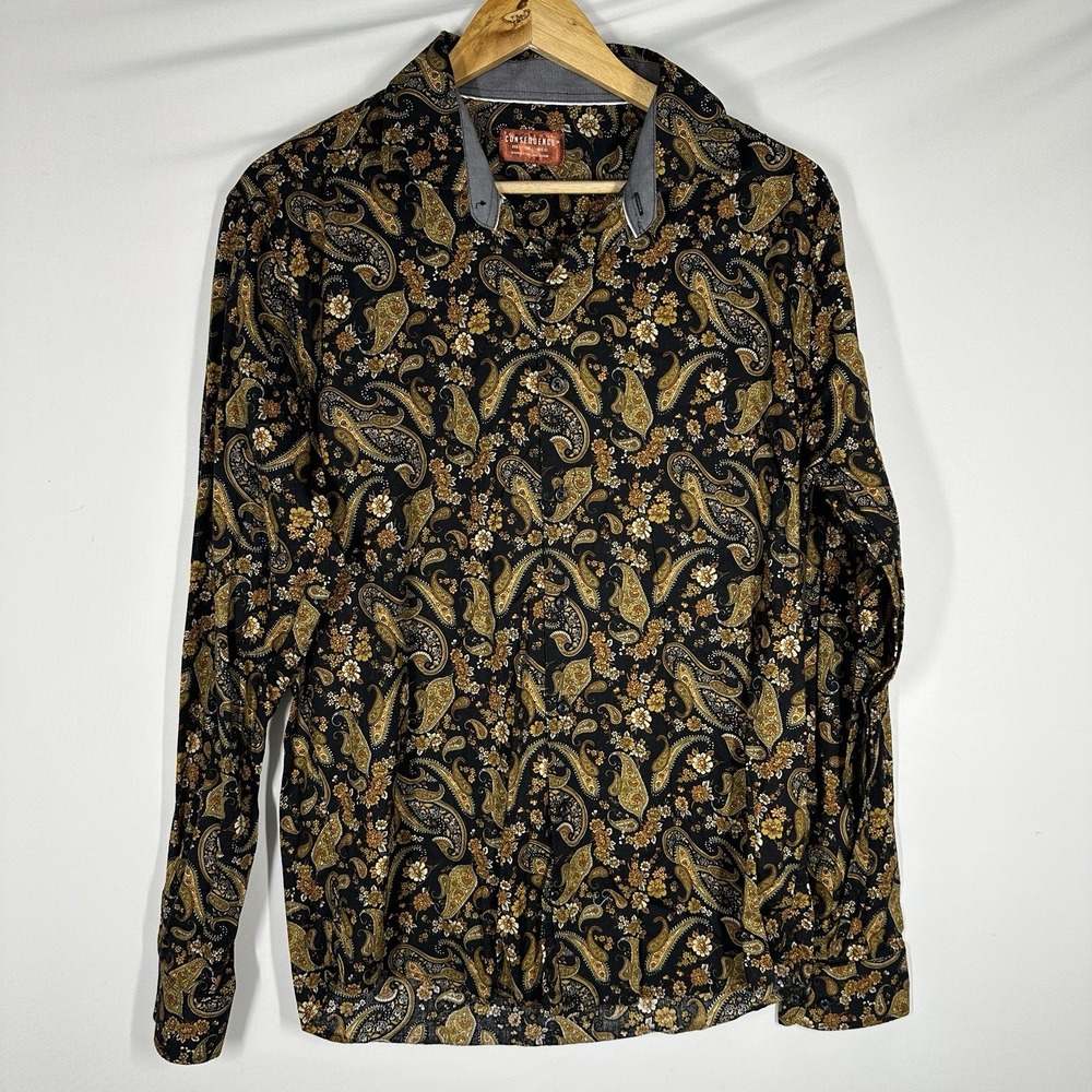 Consequence Button Paisley Shirt Mens Large Black Floral Flip Cuff Long Sleeve
